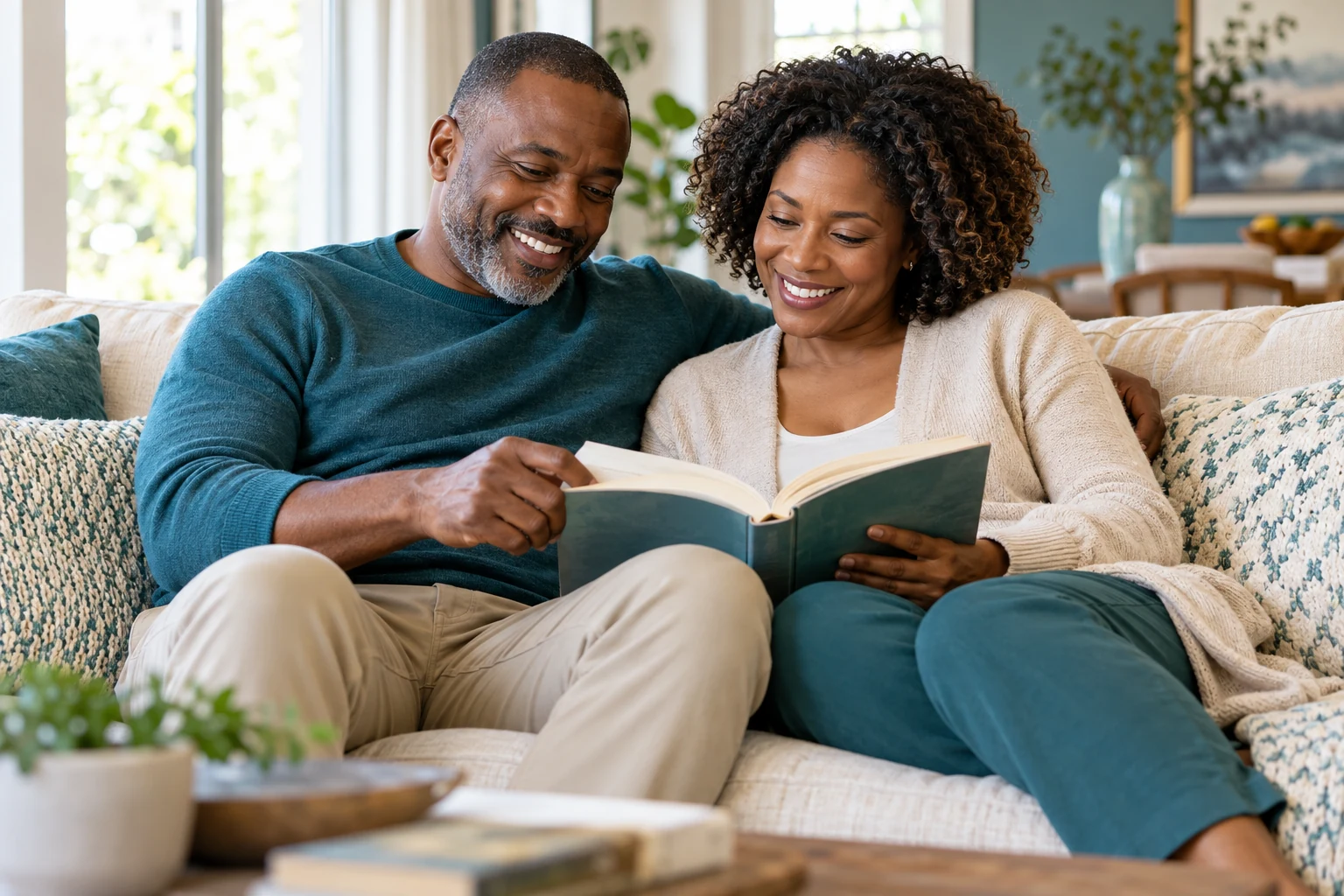 An African man and woman smiling as they read a book together without glasses